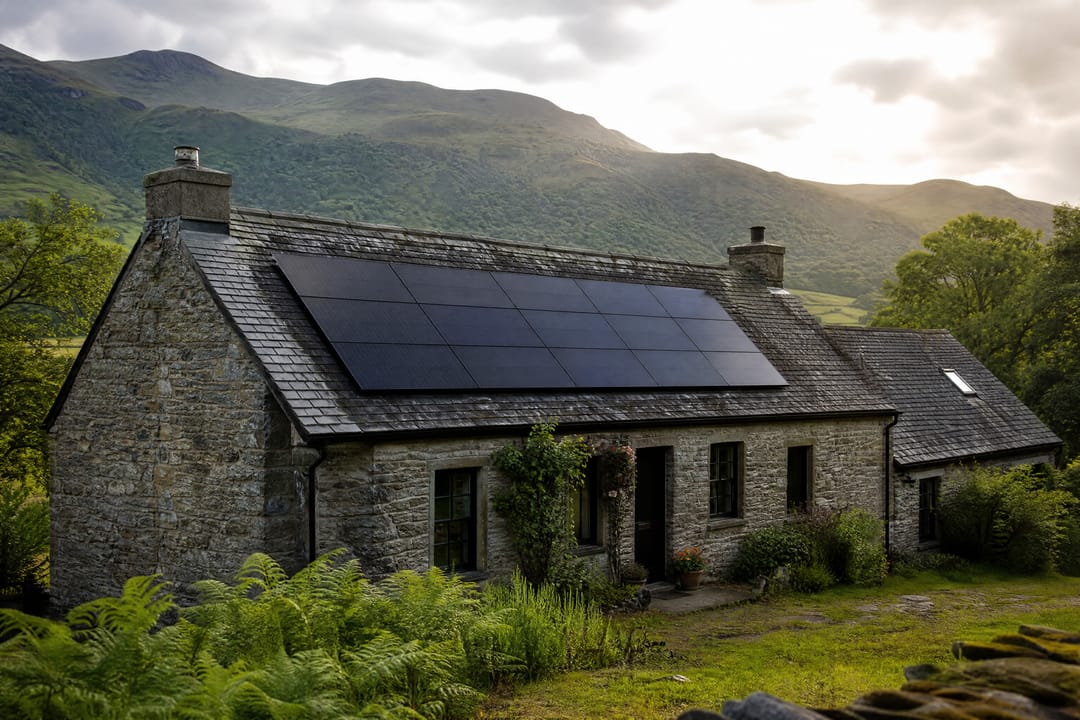 Stone cottage with black solar panels on a slate roof