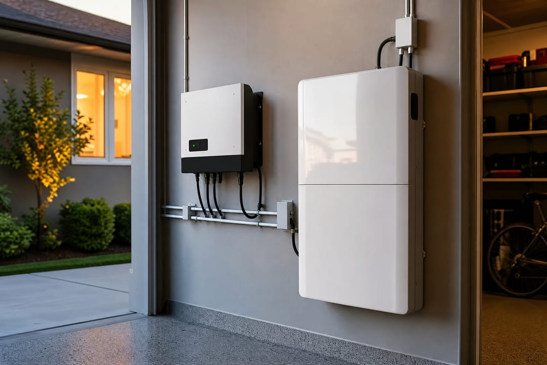 White home battery and inverter on a garage wall