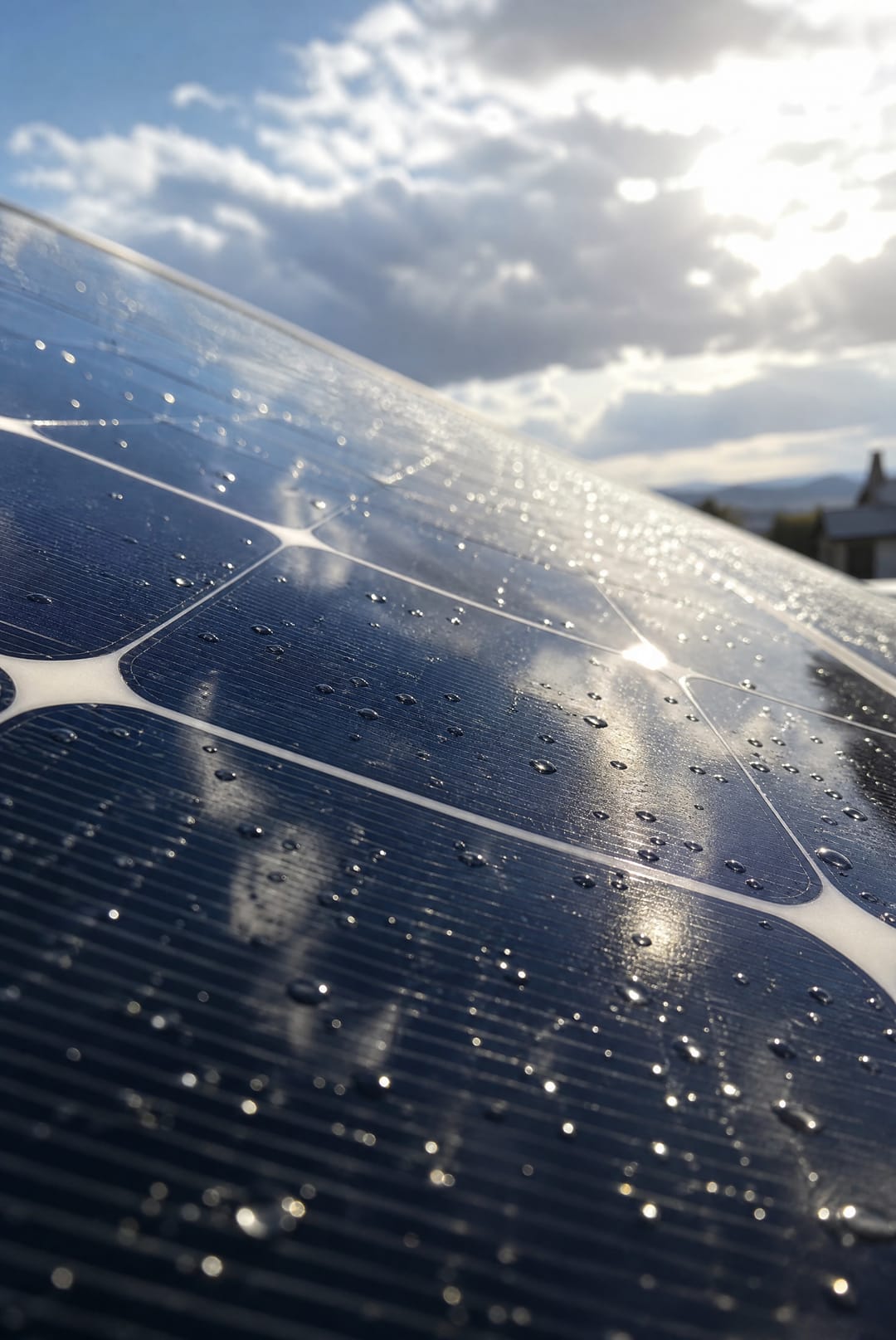 Black solar panel with raindrops drying in sunshine